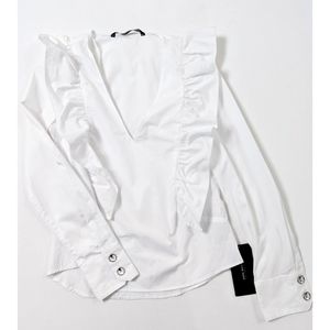 Zara White frilled V-neck Long Sleeve Blouse Size S